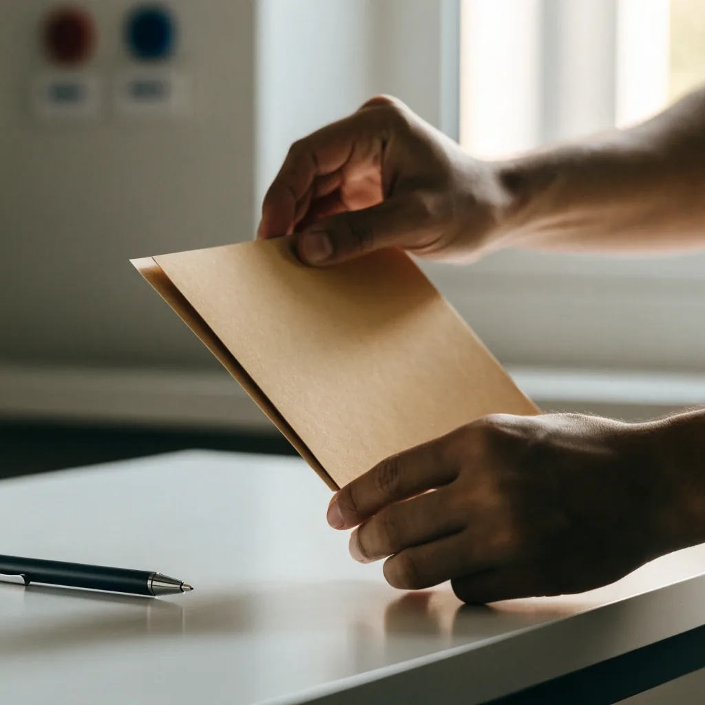 A fanned stack of blank paper sheets beside a pen on a pale desk