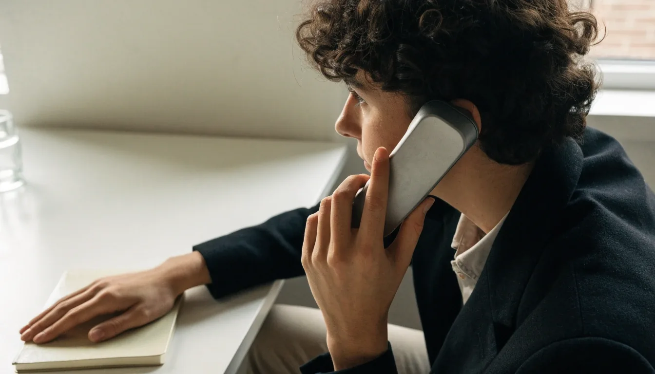 A telephone handset resting on a clean pale desk in daylight beside an open notebook