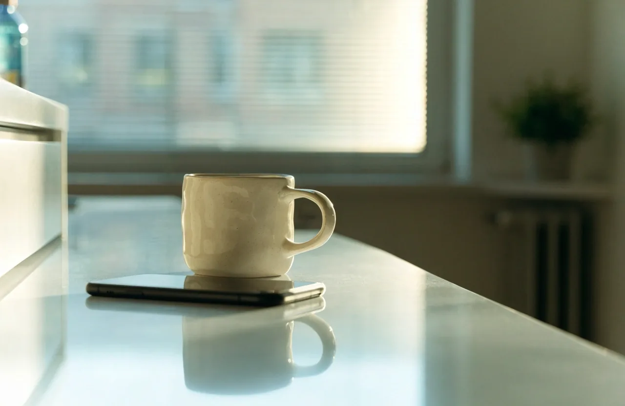 A hand resting on a ruled sheet of blank paper beside a pen on a clean white countertop