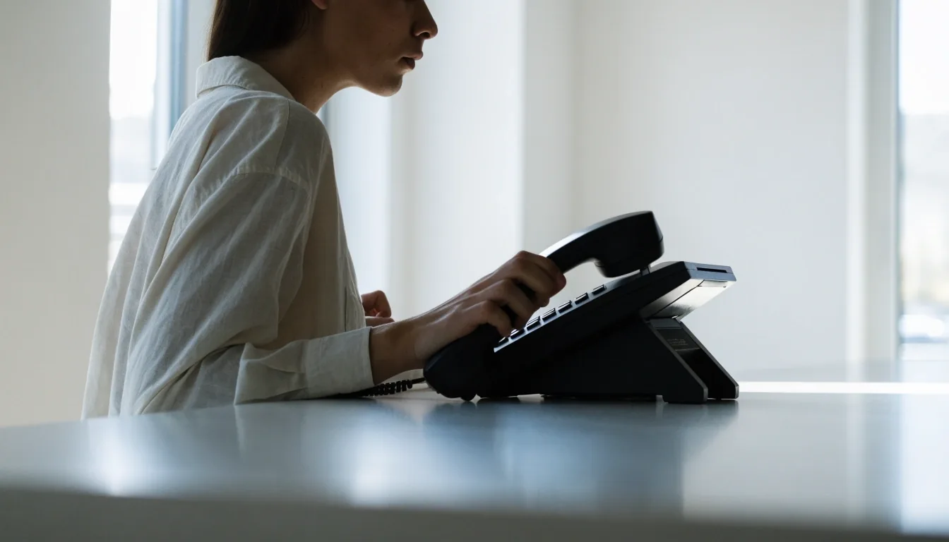 A person preparing notes at a clean white counter, phone receiver resting alongside