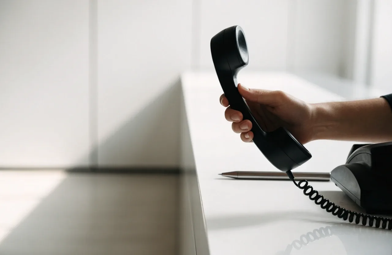 A hand lifting a desk phone receiver from a clean white counter