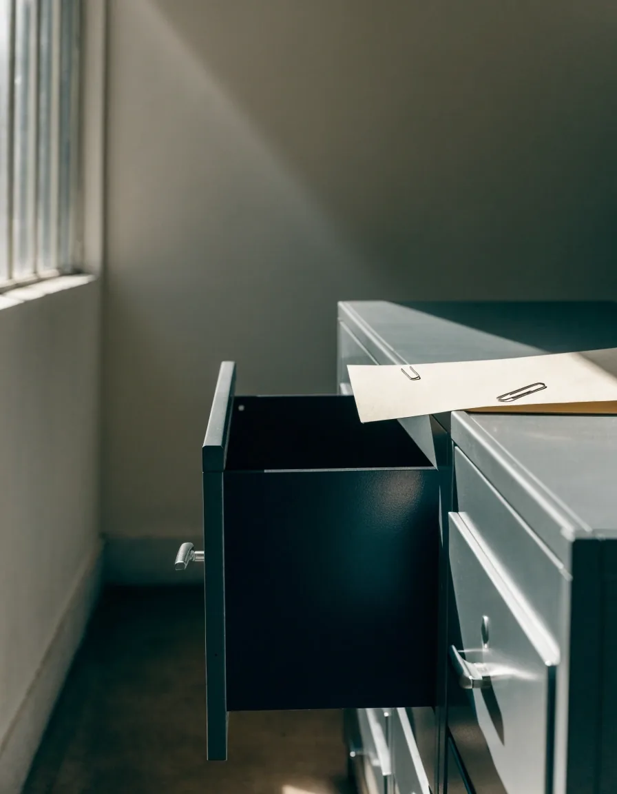 A closed plain folder with a paperclip on a bare white desk surface