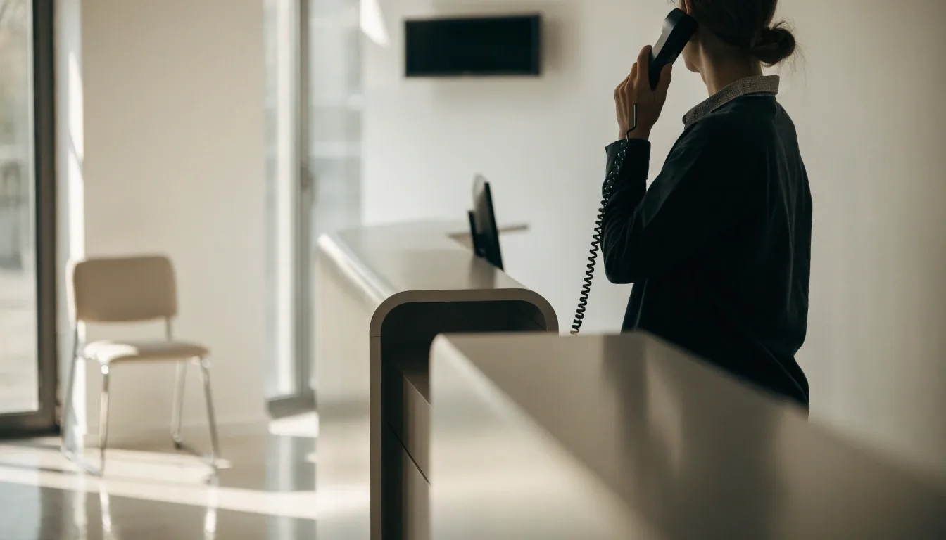 Hands resting on a keyboard and a phone beside a clean desk at a quiet work counter
