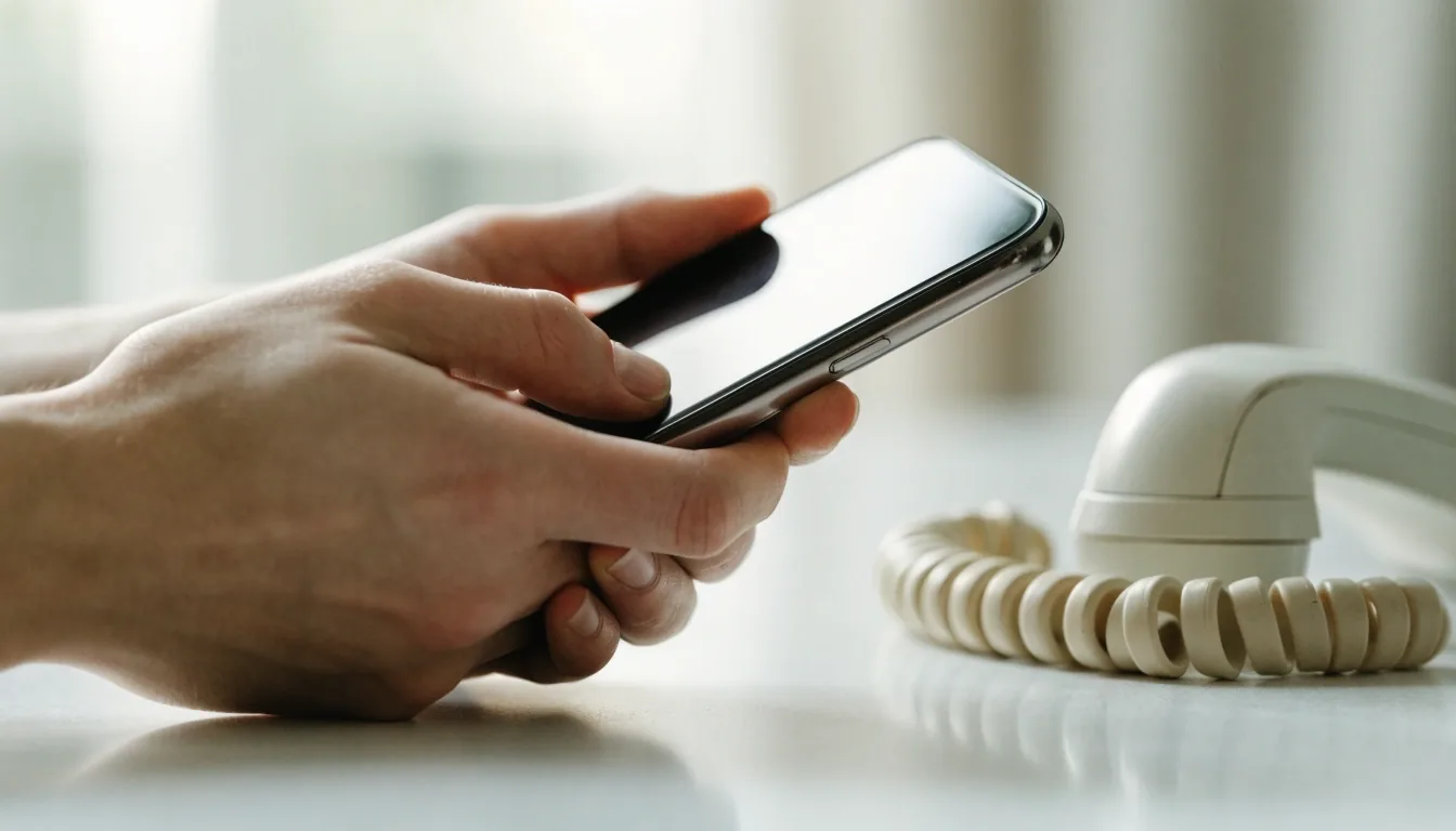 Hands holding a phone beside a coiled receiver cord on a white countertop