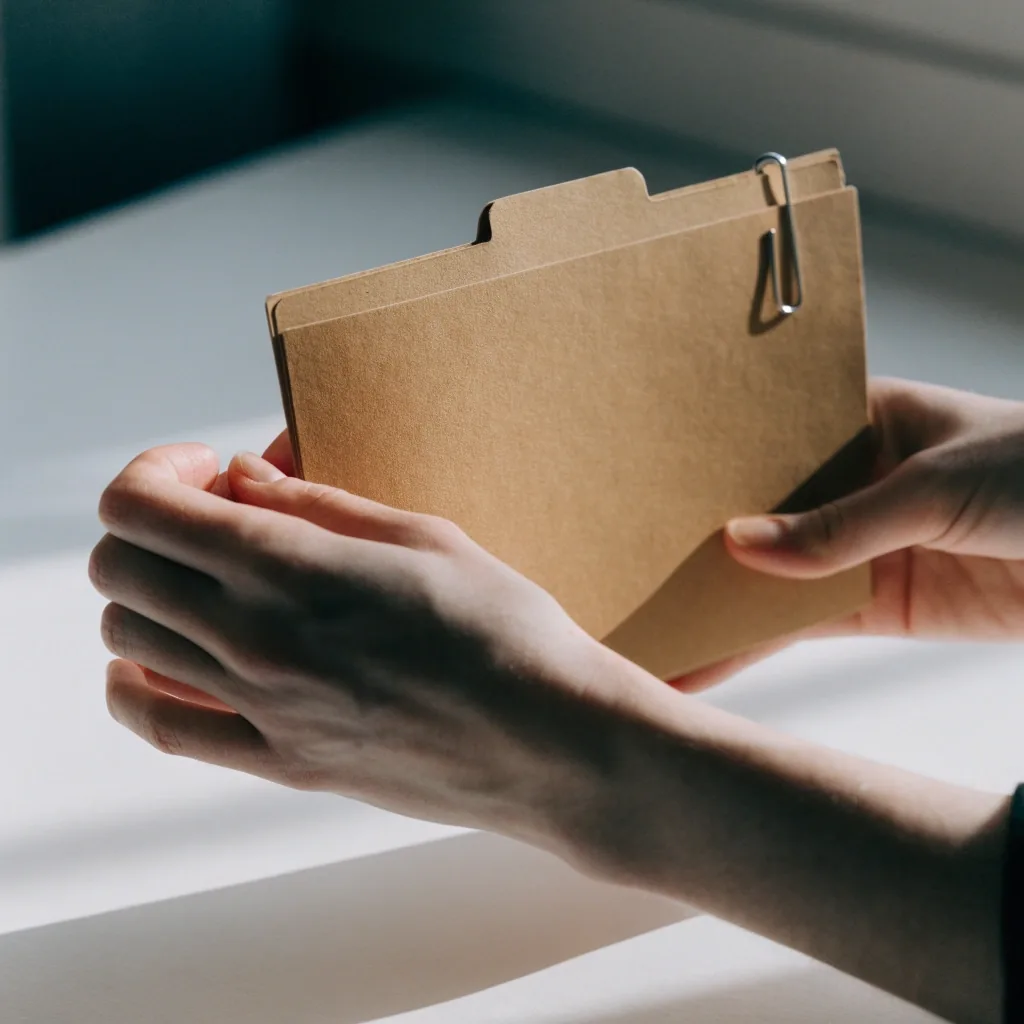 Hands lifting a closed folder and a paperclip from a clean white countertop in daylight