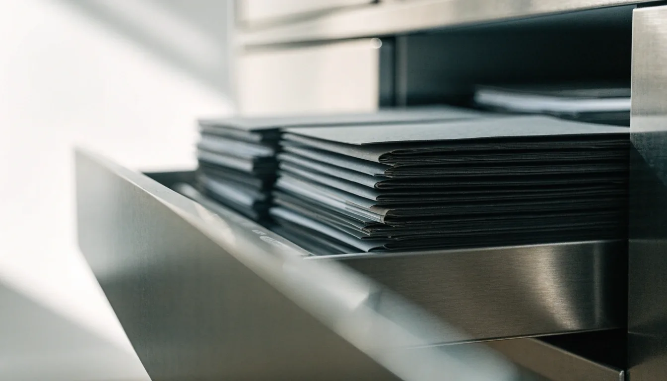 Closed folder and paperclip resting on a clean white countertop in daylight