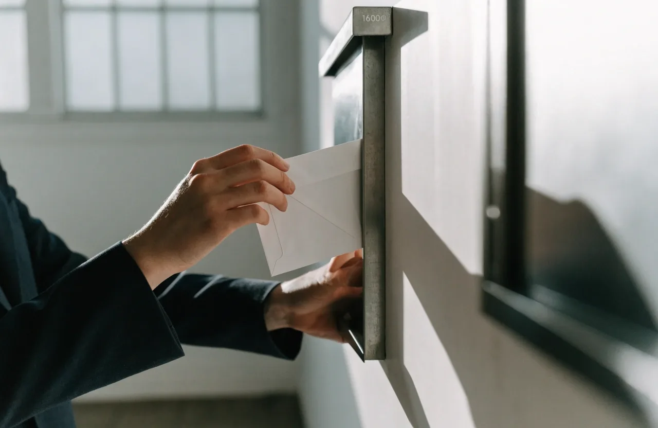 Keyboard at an angle on a clean desk with a hand entering the frame in daylight