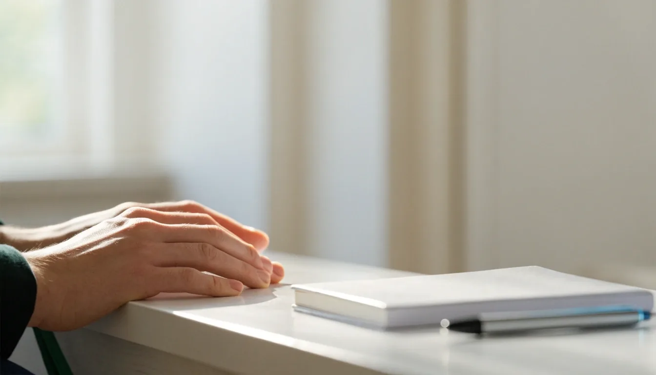 A ruled notepad with a pen resting on it on a clean white countertop in daylight